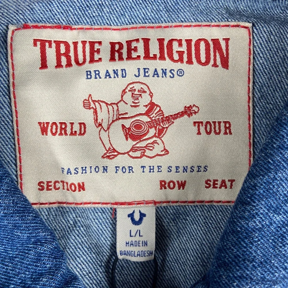 True Religion Print Single Needle Denim Jacket Men L Blue Quartz Wash Jean New